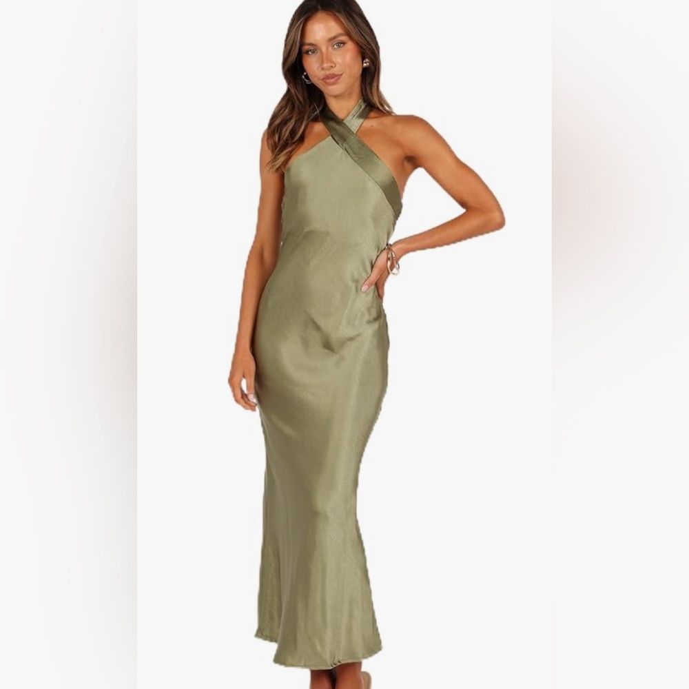 NWT $89 Petal and Pup Satin Halter Dress - “Grasie Dress - Olive” Sz S (4)